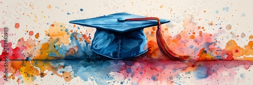 Banner with graduation cap and watercolor splashes, illustration
