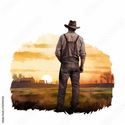Farmer's silhouette against a watercolor sunset, day's end on the organic farm, isolated on white background, watercolor hyper-realistic style photo