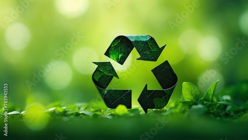 Close-up image of small Recycle symbol on horizontal green nature background.