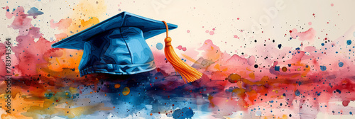Banner with graduation cap and watercolor splashes, illustration photo