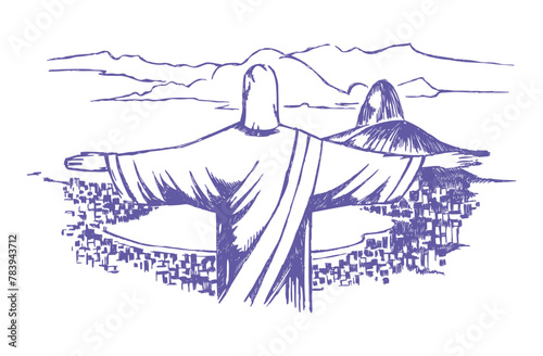Vector illustration of Rio de Janeiro city landscape, Brazil. View of the Christ the Redeemer statue, on Corcovado Hill. Cityscape seen from above in modern times.
