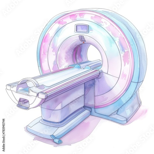 Magnetic Resonance Imaging (MRI) Scanner, watercolor with pastel magnetic fields, isolated on white background, watercolor hyper-realistic style