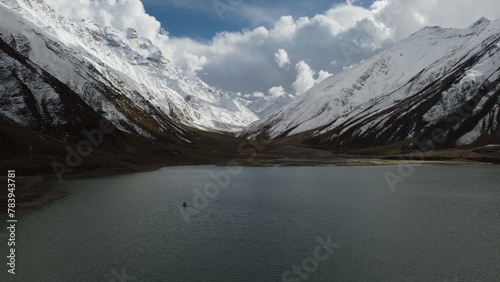 Aerial view of boat paddling in Lake saiful malook in Naran valley, KPK, Pakistan 19th Oct 2023 photo