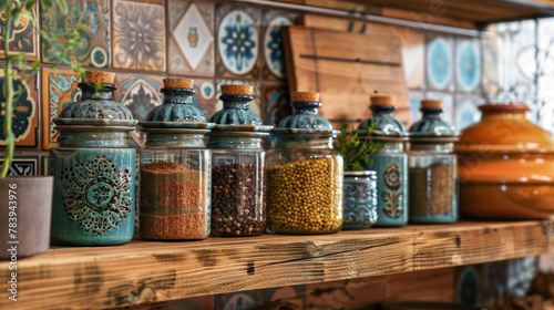 Set of jars for spices on a shelf in the kitchen, decorated in Provence style