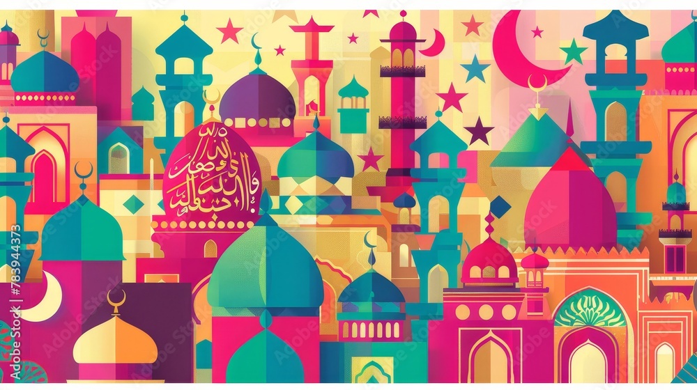 Modern, abstract representations of mosques, crescent moons, stars, lanterns, and traditional Islamic architecture are incorporated in Ramadan Kareem.