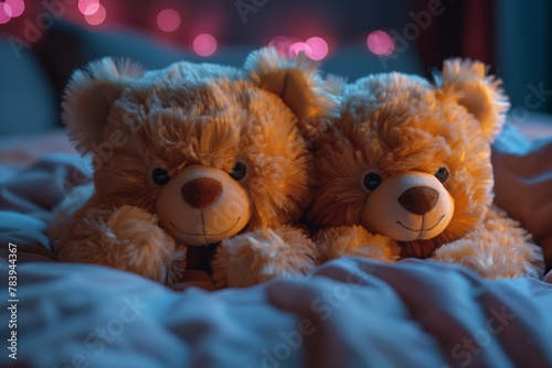 teddy bears sleeping and cuddling in bed