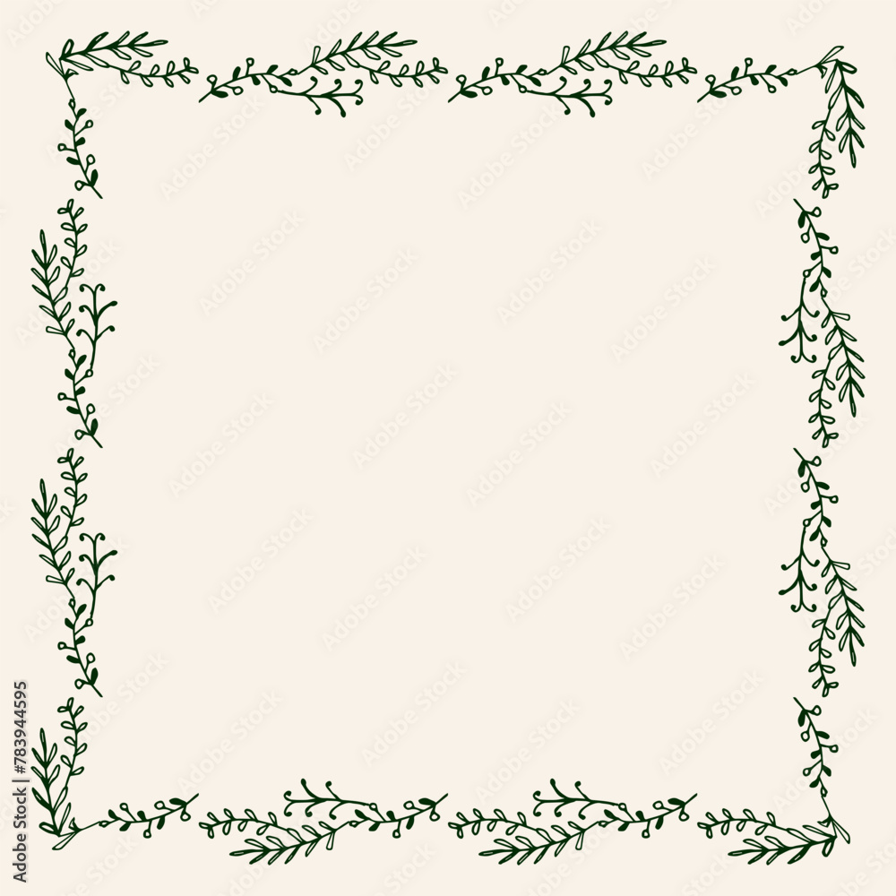 Vector eco square frame with twigs and leaves. Hand drawn vintage frame made of plant leaves with empty beige space.