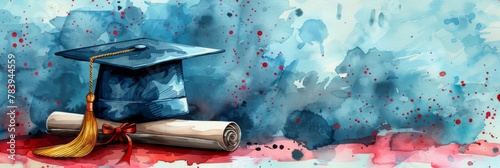 Watercolor graduation cap with diploma, illustration