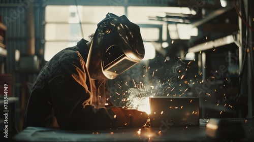 Welder at work with protective mask and sparks. Industrial metalwork and safety concept. photo