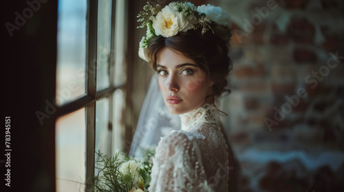 Bride in a vintage secondhand wedding dress with white lace loft brick wall photo