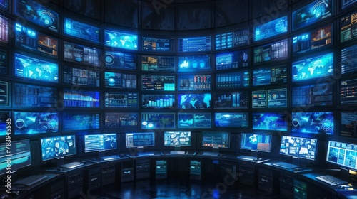 Modern control room with multiple computer monitors displaying various data.