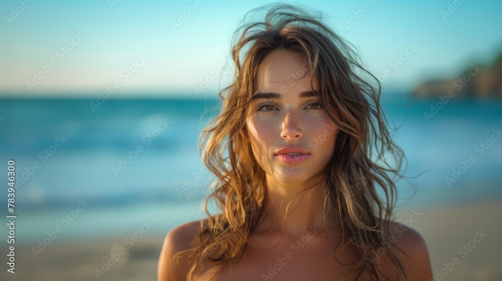 A beautiful young woman standing on top of a beach with the ocean in the background. A beautiful young woman standing on top of a beach with the ocean in the background.