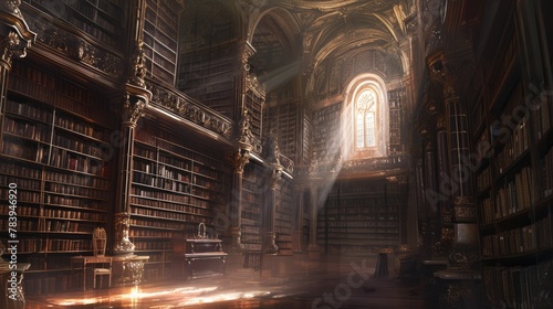 An ancient library filled with magical books  glowing orbs  and mystical artifacts. Shelves reach up to a high  vaulted ceiling  with soft light filtering through stained glass windows. Resplendent.