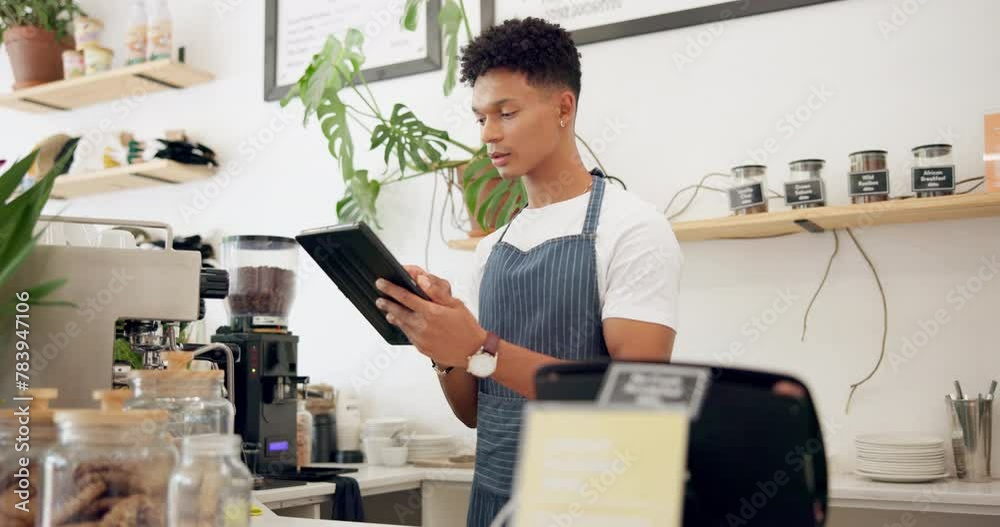 Man, barista and tablet in cafe with order for ecommerce, online sale and service at counter. Male person, waiter and small business with technology for networking, website or digital menu update