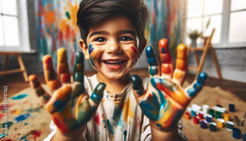 A boy engaged in fingerpainting, holding his brightly paint-colored palms up towards the camera with a big smile photo