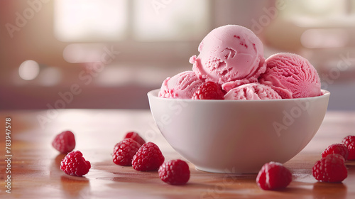 Bowl of raspberry ice cream on a wooden table. A few fresh raspberries are spilled around the bowl. Space for text.