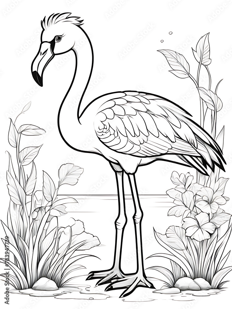 Fototapeta premium Flamingo coloring page cartoon children coloring drawing without colors all white background, ai generated 