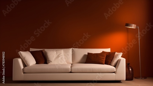 Soft, diffused lighting highlighting the clean lines of the white sofa against the warm tones of the umber wall backdrop.