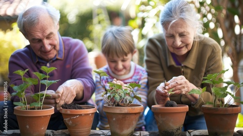 Elderly couple with their granddaughter gardening in clay pots. Family togetherness and environmental care concept.
