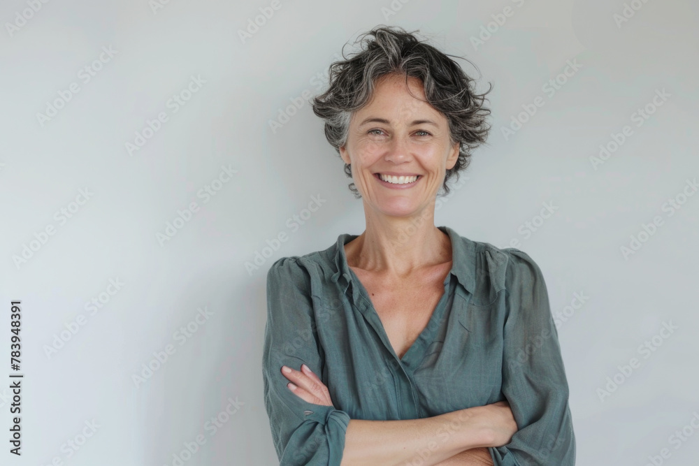 Portrait of a smiling confident woman in her forties, with crossed arms in front of a grey wall background Portrait of a smiling confident woman in her forties, with crossed arms in front of a grey wall background