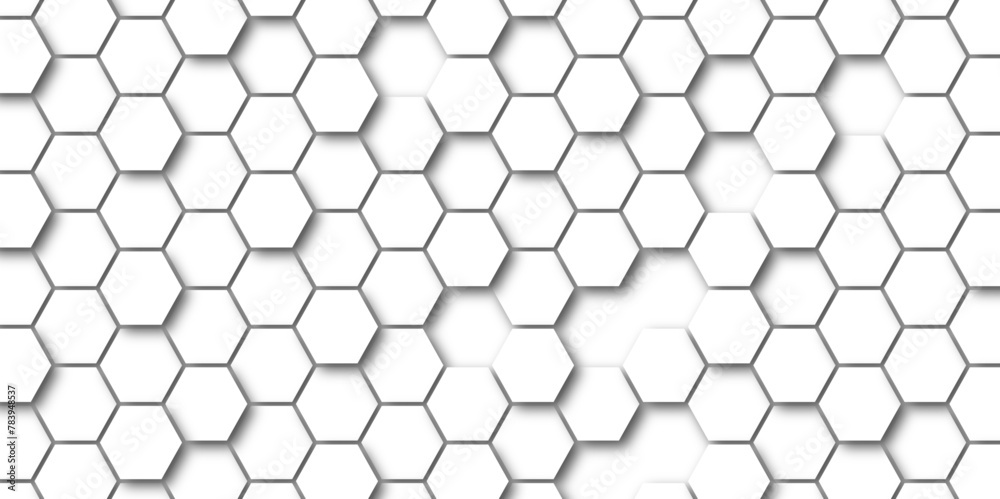 Fototapeta premium Abstract 3d background with hexagons backdrop background. A white marble wall with hexagon tiles for texture. honeycomb white Background ,light and shadow. Top view. Abstract background.