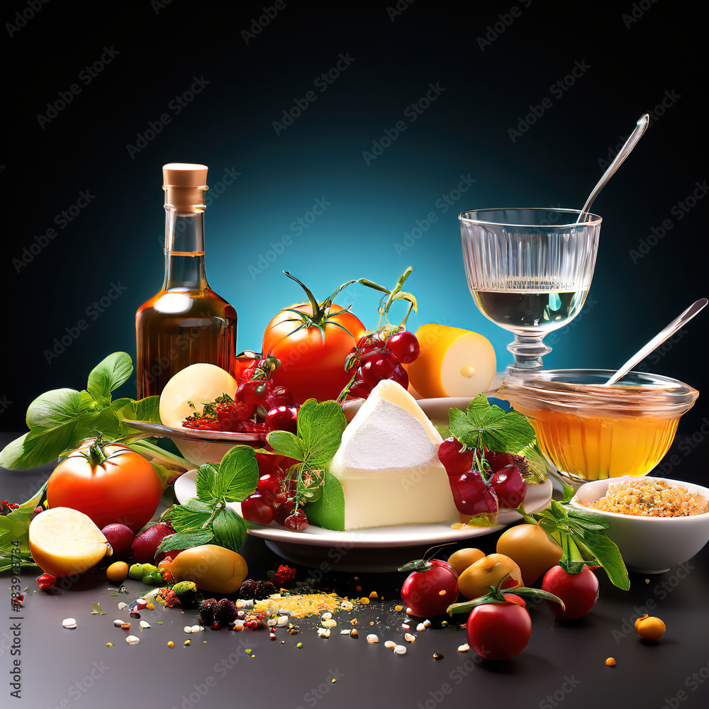A pile of vegetables and fruits on a table. Generative AI. A pile of vegetables and fruits on a table. Generative AI.