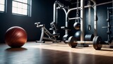 A well-equipped modern gym with various training equipment, including weights and a medicine ball, ready for a fitness regimen.. AI Generation