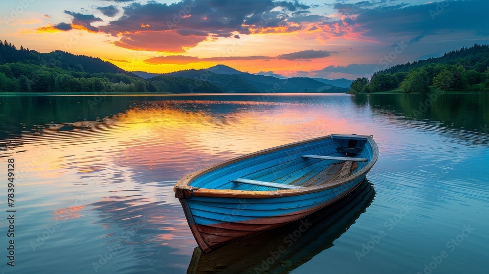 Tranquil and picturesque lakeside at sunset, lone boat, silhouetted against water, calm and serene