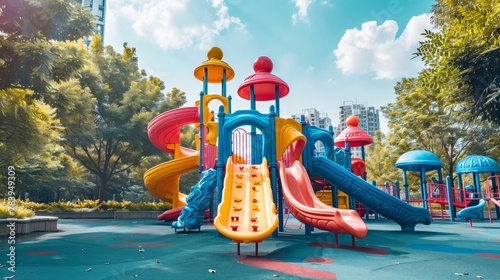 Children playground in a city park, colorful equipment, kids playing joyfully, safe and fun photo