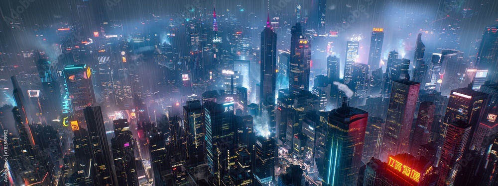 Urban landscape featuring towering skyscrapers illuminated by vibrant neon lights, showcasing a futuristic architectural design. Urban landscape featuring towering skyscrapers illuminated by vibrant neon lights, showcasing a futuristic architectural design.