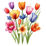 Seamless pattern with colorful tulips and small flowers on a white background