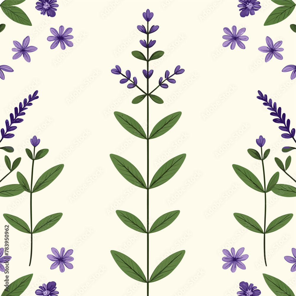 Seamless pattern with small lavender flowers and green leaves on a cream background