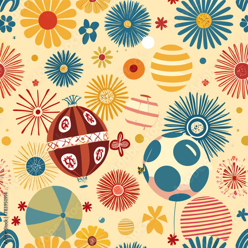 Seamless pattern with playful, beach balls and summer flowers on a sunny yellow background
