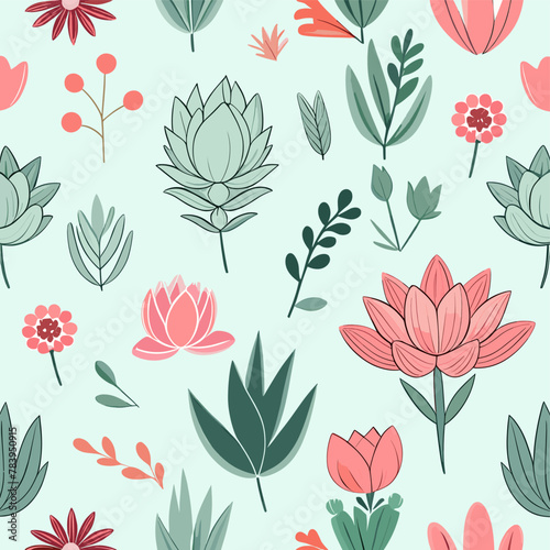 Seamless pattern with playful  pastel succulents and flowers on a mint background