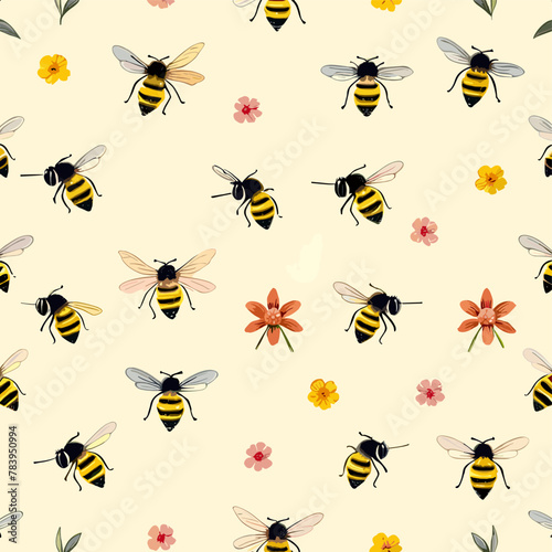 Seamless pattern with small watercolor flowers and bees on a light yellow background © Varun