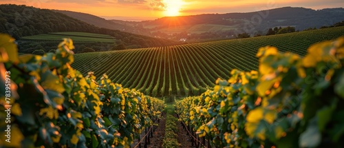 An elegant vineyard at sunset, grapevines in rows, a tasting event, picturesque, and inviting scene photo