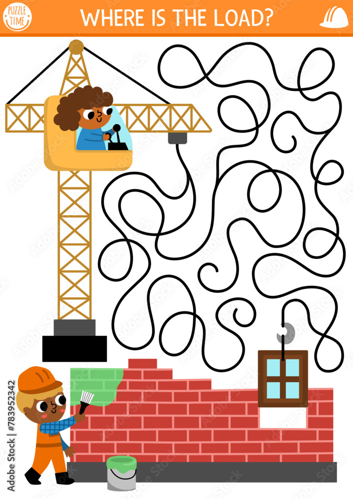 Construction site maze for kids with industrial concept, lifting crane putting down window into house, builder painting brick wall. Building works preschool printable activity, labyrinth game, puzzle. - obrazy, fototapety, plakaty 