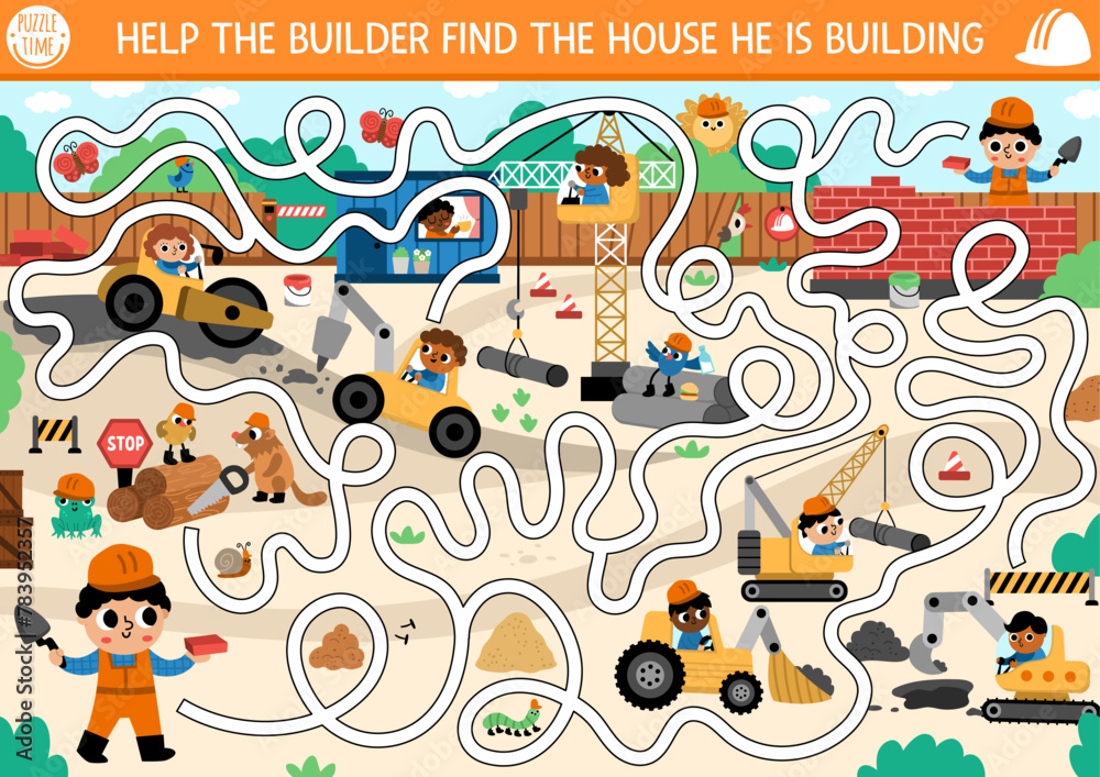 Construction site maze for kids with industrial landscape, builders, special cars, technics, bulldozer, crane, truck. Building works preschool printable activity. Repair service labyrinth game, puzzle