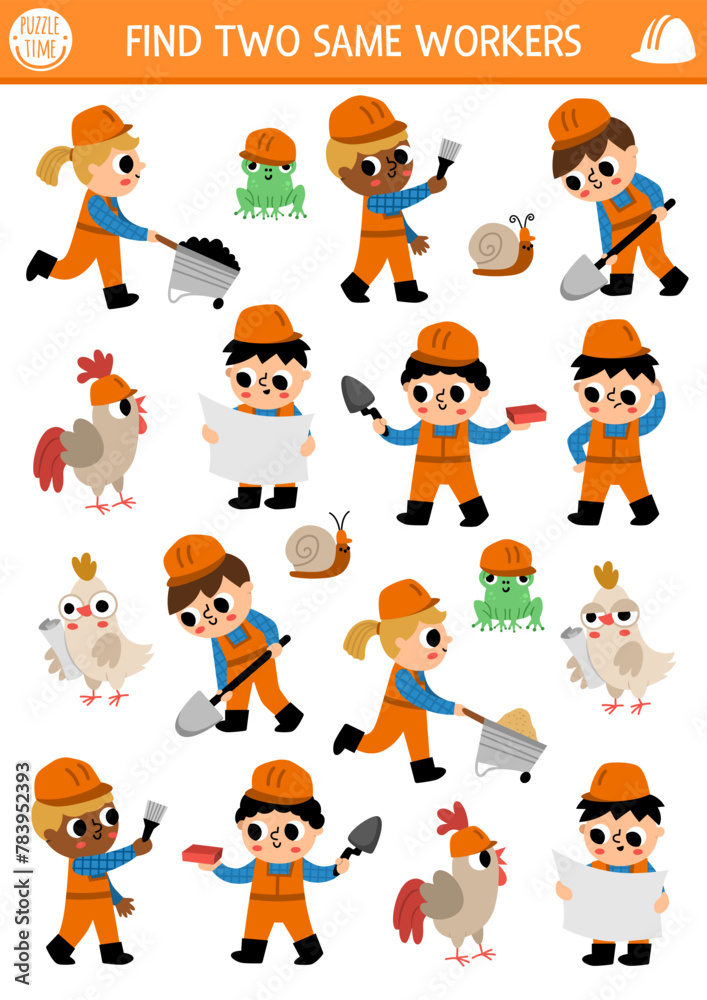 Find two same workers. Construction site matching activity for children. Building works educational quiz worksheet for kids for attention skills. Simple printable game with cute builders.
