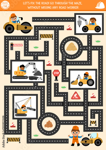 Construction site geometrical maze for kids with road repair concept, workers, special cars, technics, crane, truck. Building works preschool printable activity. Rout service labyrinth game, puzzle.