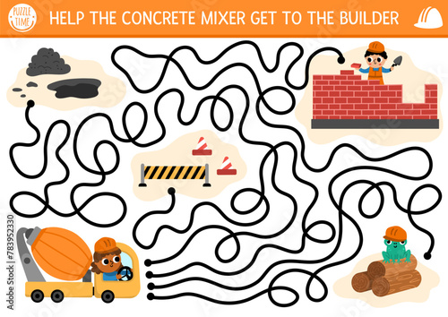 Construction site maze for kids with industrial concept. Help the concrete mixer go to worker building brick house. Building works preschool printable activity. Repair service labyrinth game, puzzle.
