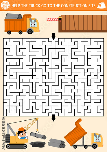 Construction site geometrical maze for kids with road repairing workers, special cars, truck. Building works preschool printable activity. Labyrinth game, puzzle with crawler crane laying pipes.
