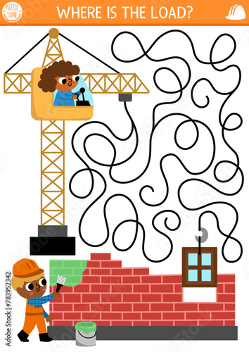 Construction site maze for kids with industrial concept, lifting crane putting down window into house, builder painting brick wall. Building works preschool printable activity, labyrinth game, puzzle. © Lexi Claus