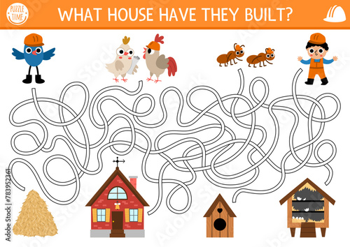 Construction site maze for kids with animals and builder, houses they built. Building works preschool printable activity, labyrinth game, puzzle with worker, birds, homes made of different material.