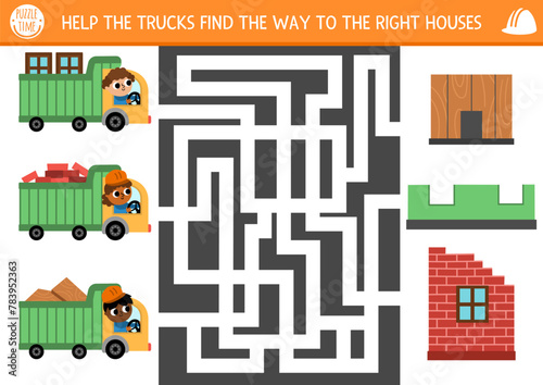 Construction site maze for kids with trucks and drivers taking different materials to houses they built. Building works preschool printable activity, labyrinth game, puzzle with homes.