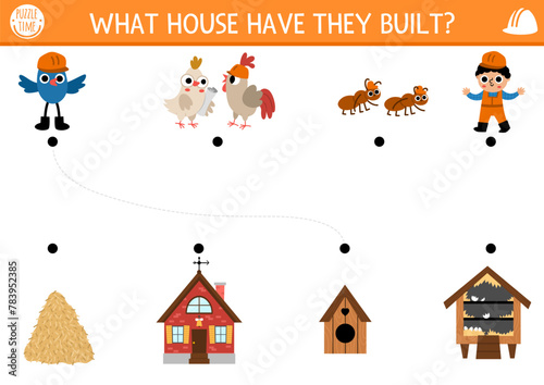 Construction site matching activity with animal and bird builders and houses they built. Building works puzzle. Match the objects game, printable worksheet. Repair service match up page.