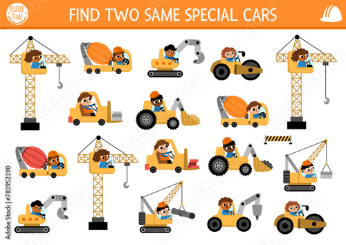 Find two same special cars. Construction site matching activity for children. Building works educational quiz worksheet for kids for attention skills. Simple printable game with cute vehicles.