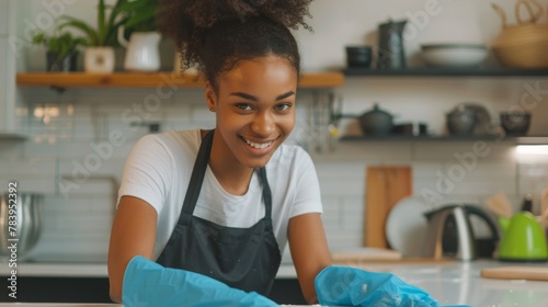Smiling Woman Engaged in Cleaning photo