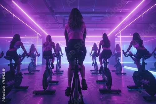 High energy spin class with cyclists pushing limits under vibrant lighting creates a motivating and intense atmosphere