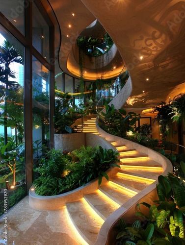 Indoor botanical garden, lush greenery, pathways winding through, tranquil and lush